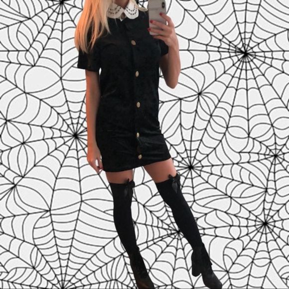 Handmade Black Witchy, Goth Velour Spandex Courtney Love Button Up Mini Dress S - Picture 9 of 9